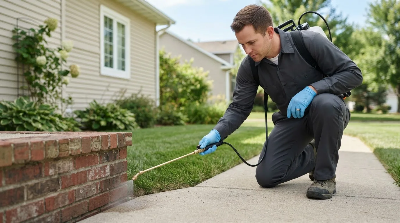 Pest control technician treating a home near Downey, ID